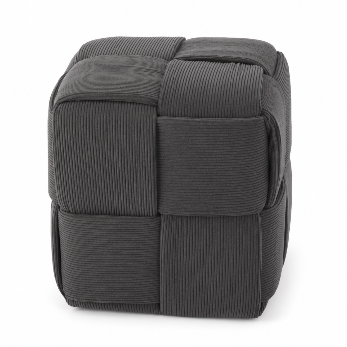Taburet cub, tapitat cu material reiat, design impletit, 34x34x34 cm, gri [2]