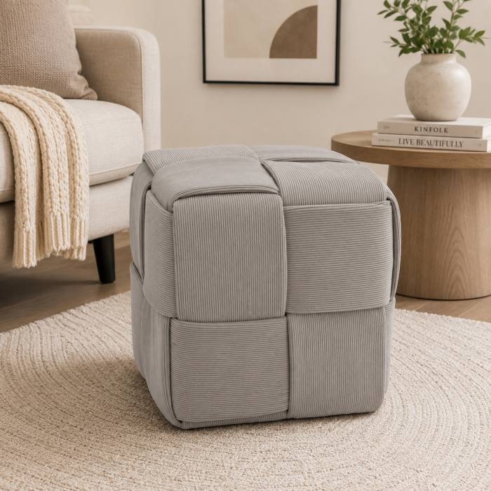 Taburet cub, tapitat cu material reiat, design impletit, 43x43x43 cm, gri [2]