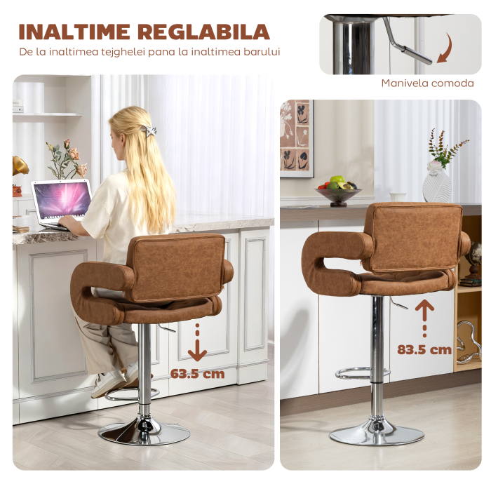  Taburet de Bar cu inaltime Reglabila, Scaun inalt din PU cu Spatar, Suport pentru Picioare, Cotiere si sezut Moale, Structura din Otel, Rotativ la 360°, pentru Bucatarie, Maro [4]