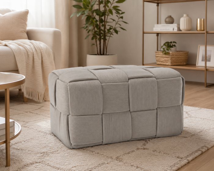 Taburet dreptunghiular tapitat cu material reiat, design impletit, 60x32x32 cm, gri deschis [3]
