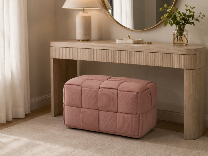 Taburet dreptunghiular tapitat cu material reiat, design impletit, 72x38x38 cm, roz [2]