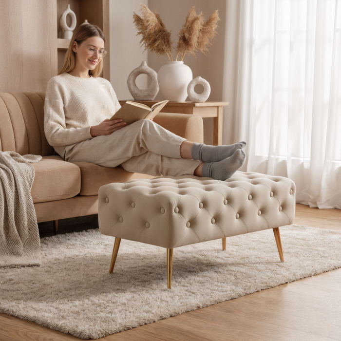 Taburet Madrid, tapitat cu catifea, tip banca, cu picioare metalice, 80x42x41 cm, bej [6]