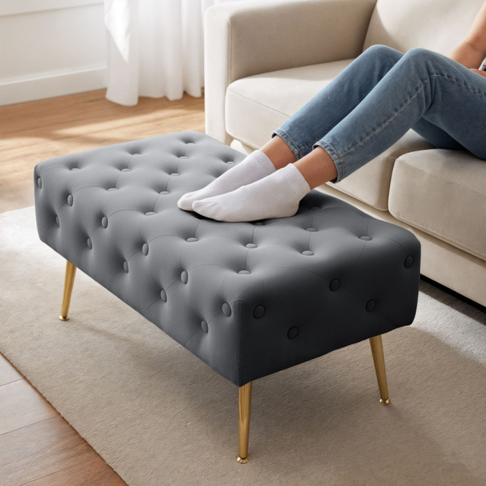 Taburet Madrid, tapitat cu catifea, tip banca, cu picioare metalice, 80x42x41 cm, gri [5]