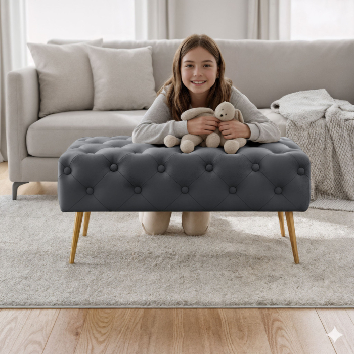 Taburet Madrid, tapitat cu catifea, tip banca, cu picioare metalice, 80x42x41 cm, gri [7]