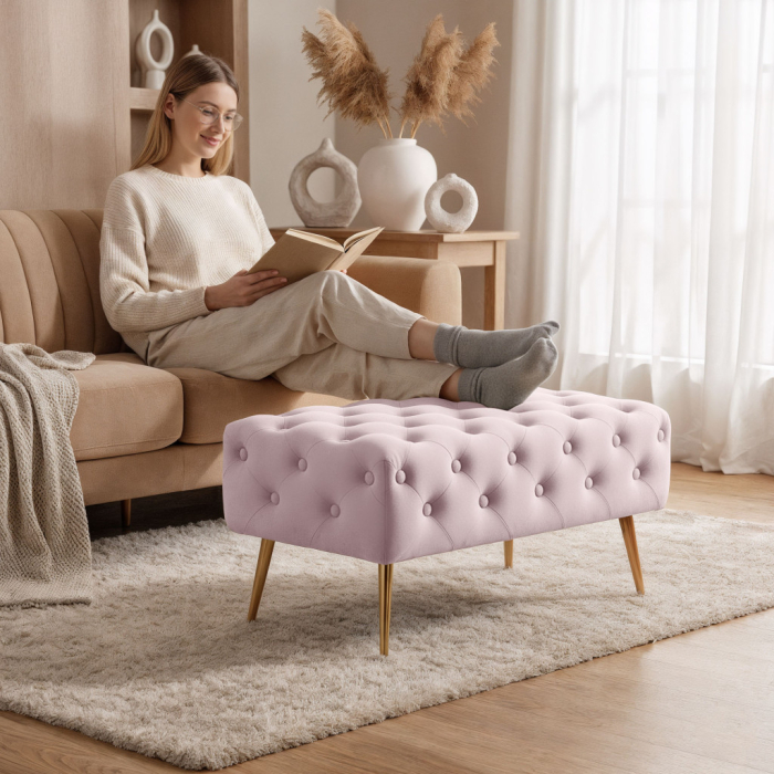 Taburet Madrid, tapitat cu catifea, tip banca, cu picioare metalice, 80x42x41 cm, roz pudra [5]