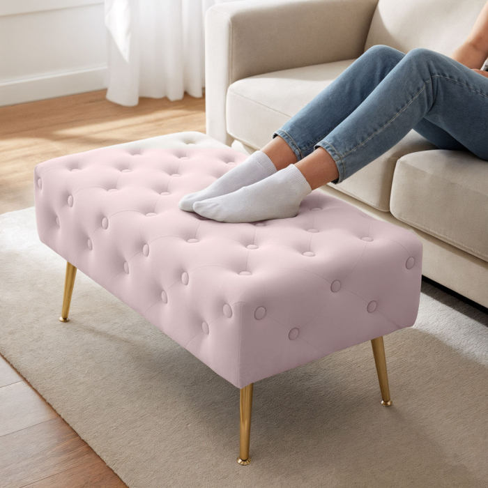 Taburet Madrid, tapitat cu catifea, tip banca, cu picioare metalice, 80x42x41 cm, roz pudra [6]