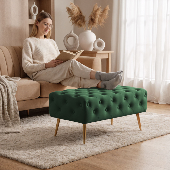 Taburet Madrid, tapitat cu catifea, tip banca, cu picioare metalice, 80x42x41 cm, verde [6]