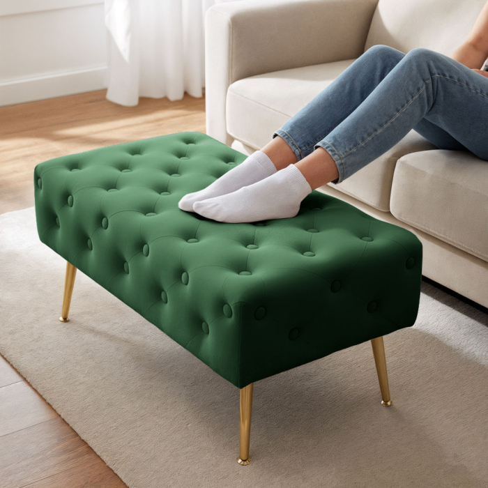 Taburet Madrid, tapitat cu catifea, tip banca, cu picioare metalice, 80x42x41 cm, verde [5]