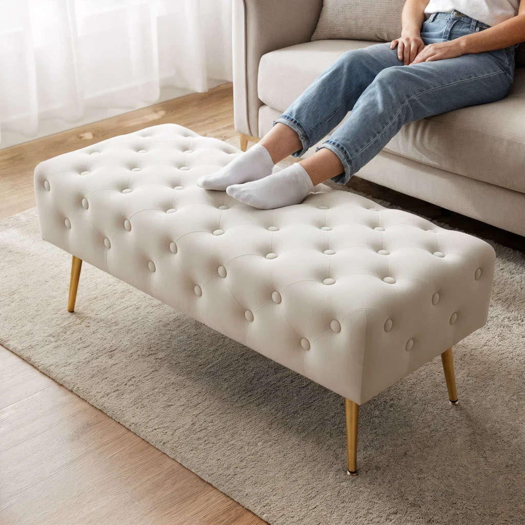 Taburet Monaco, tapitat cu catifea, tip banca, cu picioare metalice, 100x42x41 cm, bej [3]