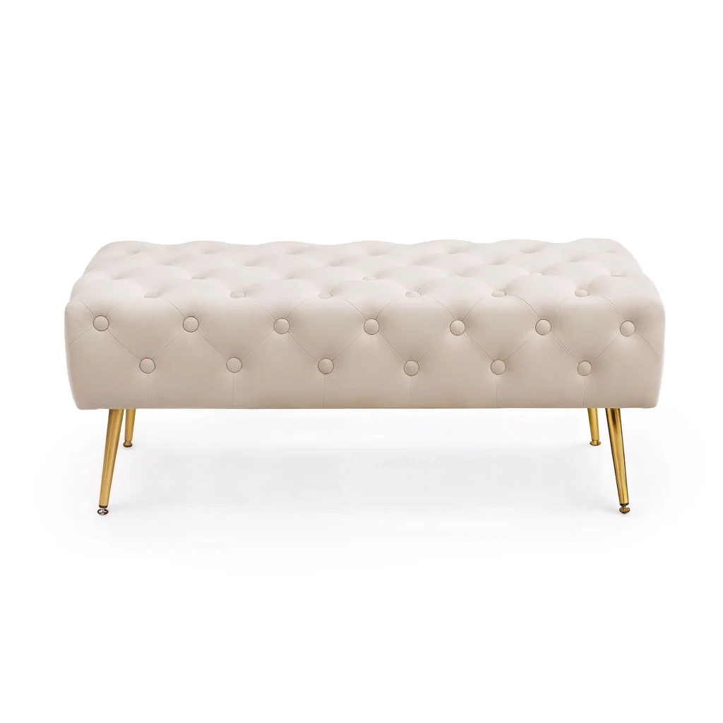 Taburet Monaco, tapitat cu catifea, tip banca, cu picioare metalice, 100x42x41 cm, bej [7]