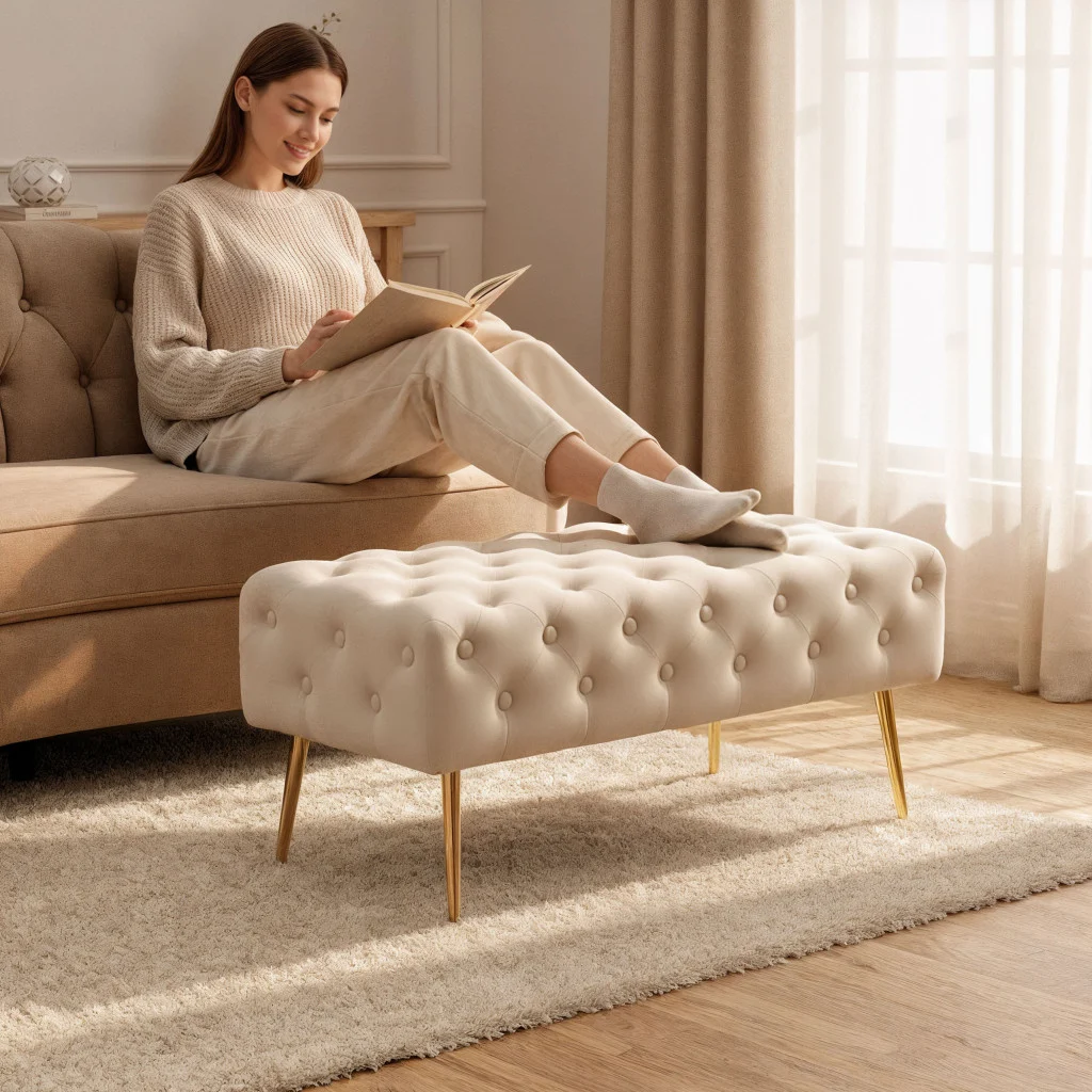 Taburet Monaco, tapitat cu catifea, tip banca, cu picioare metalice, 100x42x41 cm, bej [4]