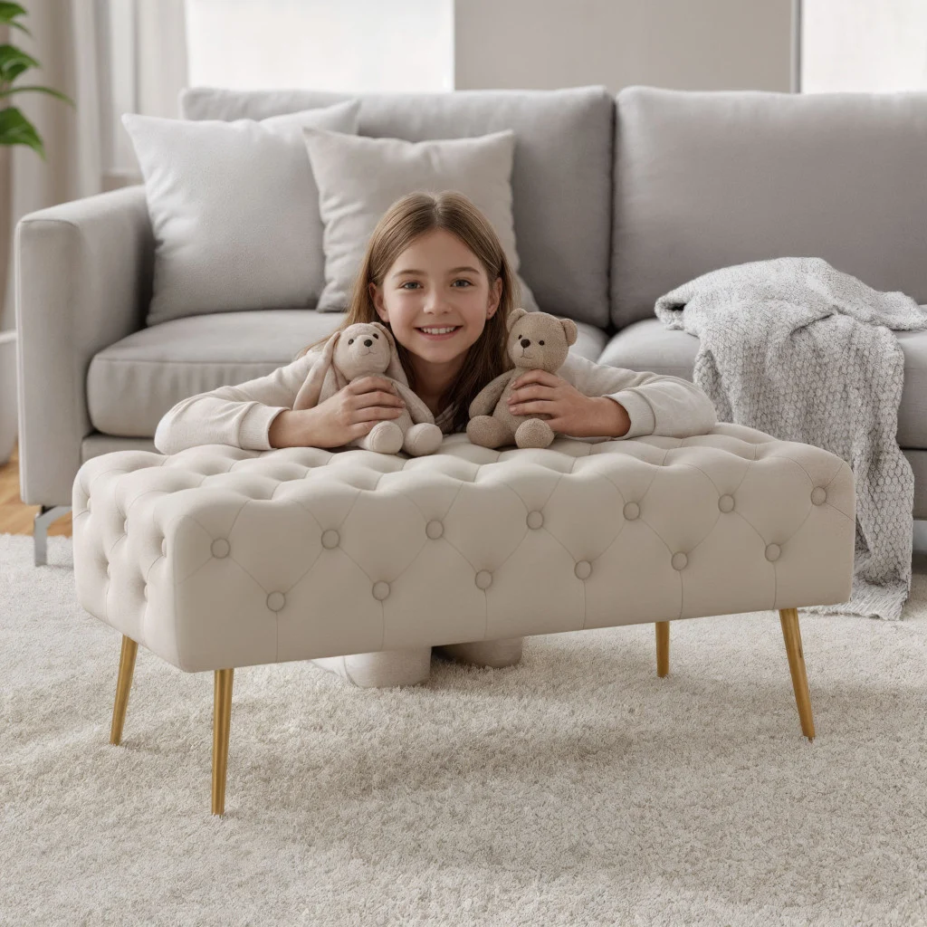 Taburet Monaco, tapitat cu catifea, tip banca, cu picioare metalice, 100x42x41 cm, bej [5]