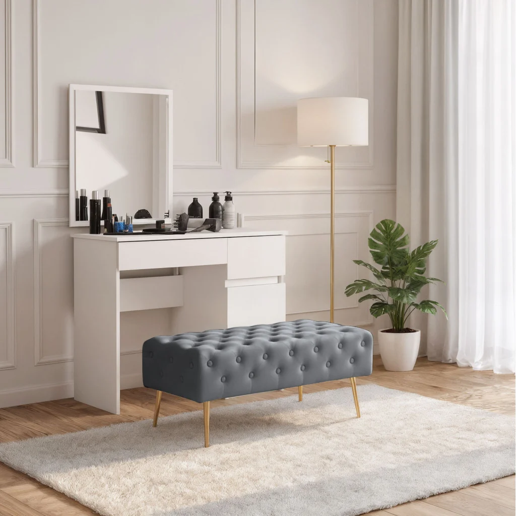 Taburet Monaco, tapitat cu catifea, tip banca, cu picioare metalice, 100x42x41 cm, gri [6]