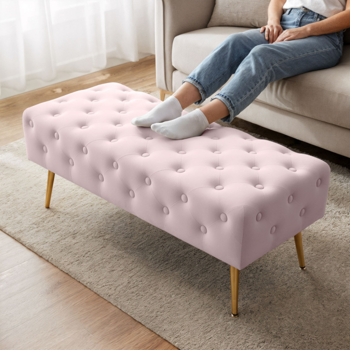 Taburet Monaco, tapitat cu catifea, tip banca, cu picioare metalice, 100x42x41 cm, roz pudra [3]