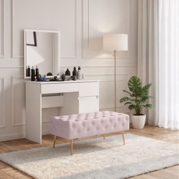 Taburet Monaco, tapitat cu catifea, tip banca, cu picioare metalice, 100x42x41 cm, roz pudra [6]