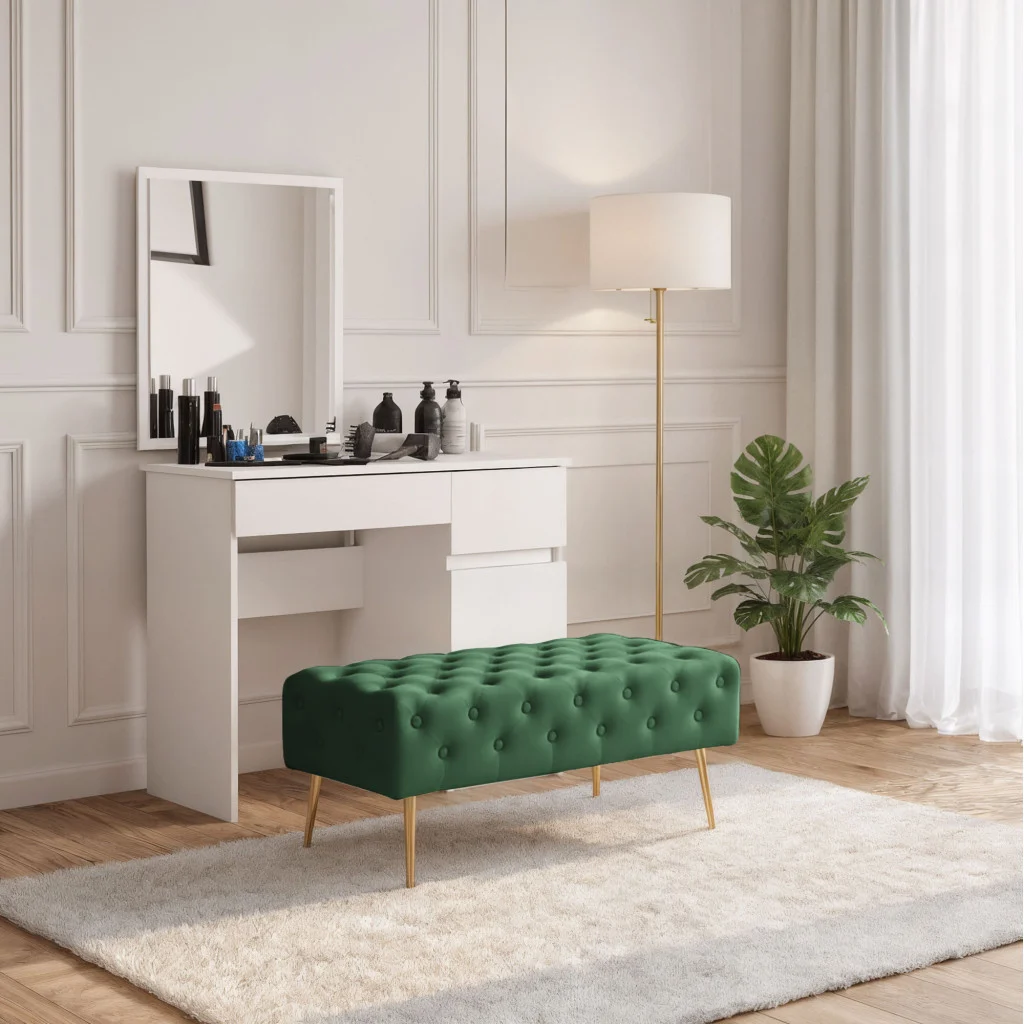 Taburet Monaco, tapitat cu catifea, tip banca, cu picioare metalice, 100x42x41 cm, verde [7]