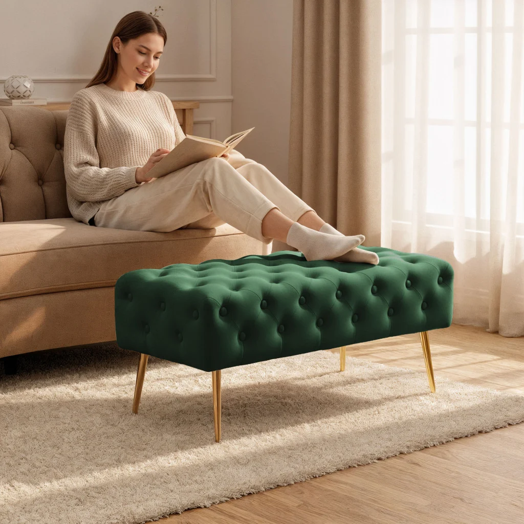 Taburet Monaco, tapitat cu catifea, tip banca, cu picioare metalice, 100x42x41 cm, verde [5]