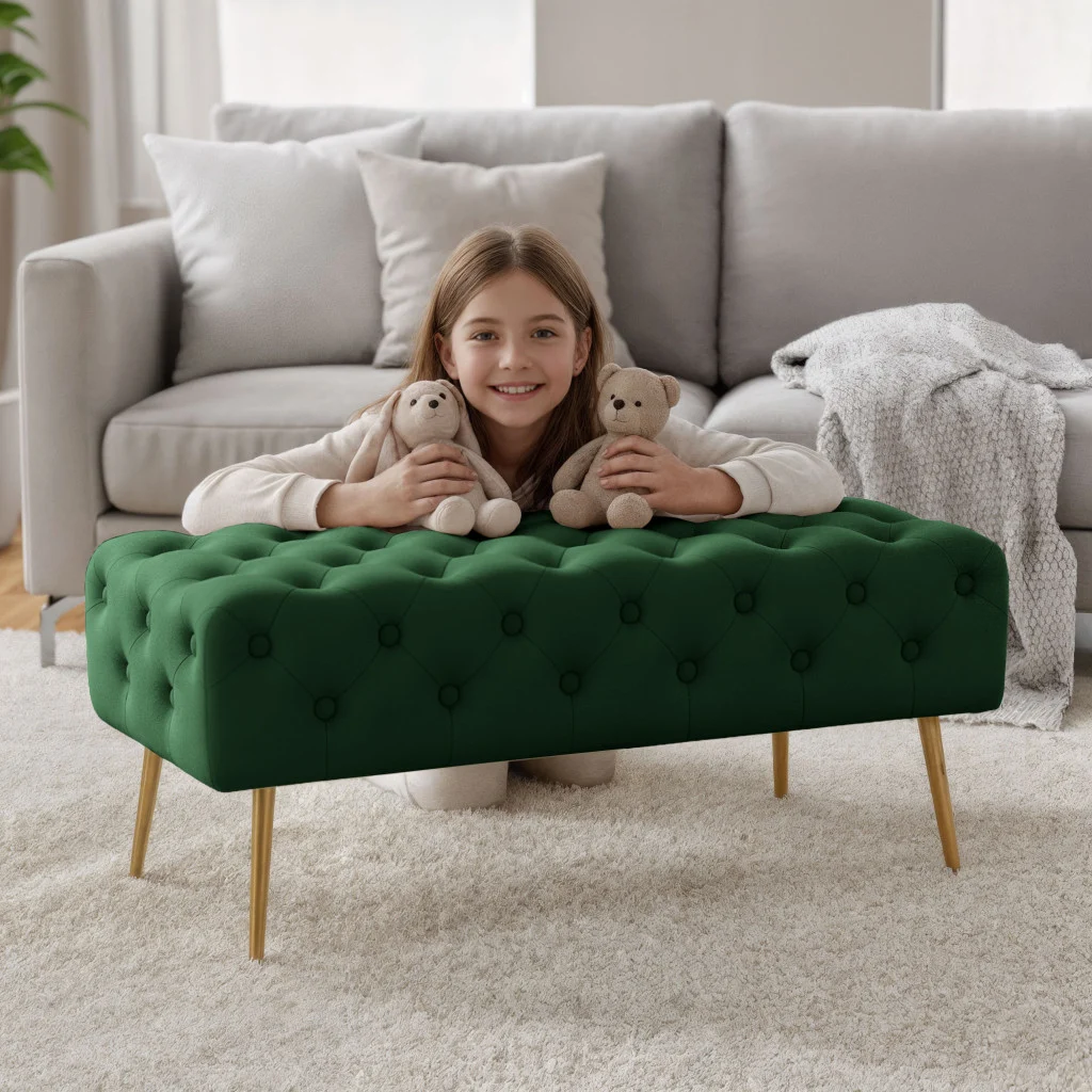 Taburet Monaco, tapitat cu catifea, tip banca, cu picioare metalice, 100x42x41 cm, verde [6]