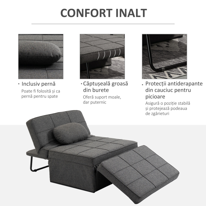  Taburet Pat Individual 3 in 1 cu Spatar Reglabil pe 5 Nivele si Perna Suplimentara, 95x179x78 cm, Gri [7]