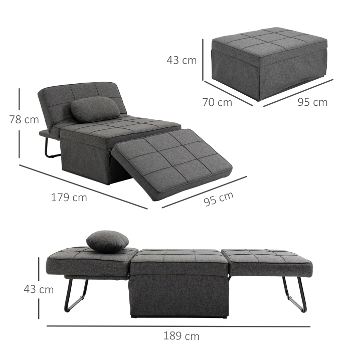  Taburet Pat Individual 3 in 1 cu Spatar Reglabil pe 5 Nivele si Perna Suplimentara, 95x179x78 cm, Gri [3]