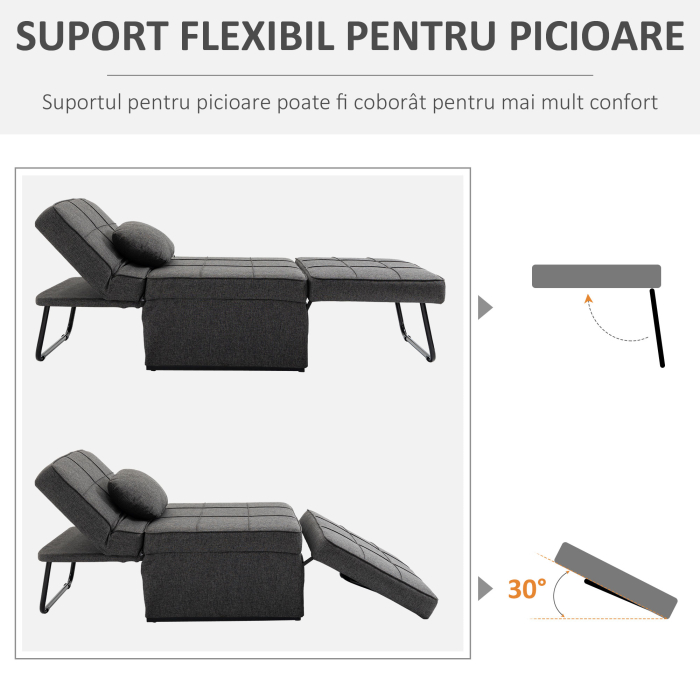  Taburet Pat Individual 3 in 1 cu Spatar Reglabil pe 5 Nivele si Perna Suplimentara, 95x179x78 cm, Gri [6]