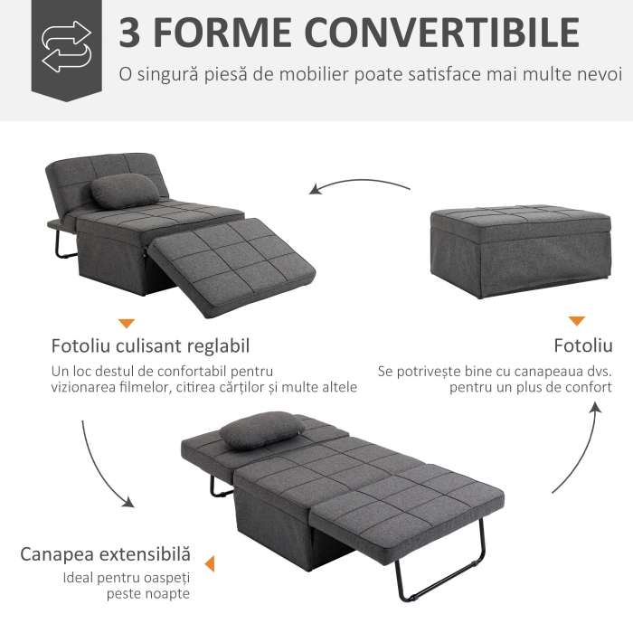  Taburet Pat Individual 3 in 1 cu Spatar Reglabil pe 5 Nivele si Perna Suplimentara, 95x179x78 cm, Gri [4]