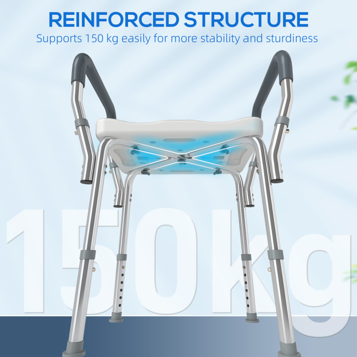  Taburet pentru Dus Reglabil cu Brate si Orificii de Drenaj, din Aluminiu, HDPE si EVA, 52x45x57-69 cm [8]