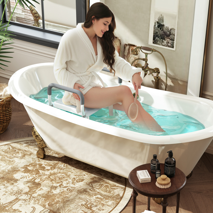  Taburet pentru Dus Reglabil cu Brate si Orificii de Drenaj, din Aluminiu, HDPE si EVA, 52x45x57-69 cm [9]