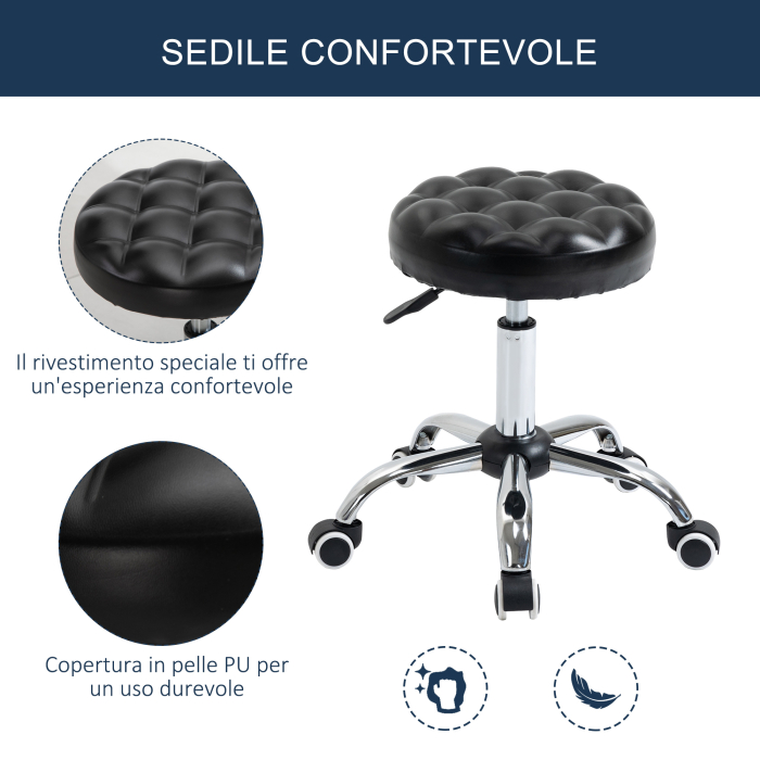 Taburet  Reglabil pe Inaltime cu 5 Roti Pivotante, din Otel, Spuma de Cauciuc si Imitatie de Piele, Ф48x47-59lcm, Negru [6]