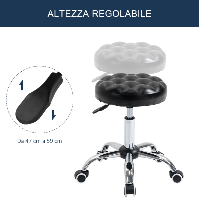 Taburet  Reglabil pe Inaltime cu 5 Roti Pivotante, din Otel, Spuma de Cauciuc si Imitatie de Piele, Ф48x47-59lcm, Negru [4]