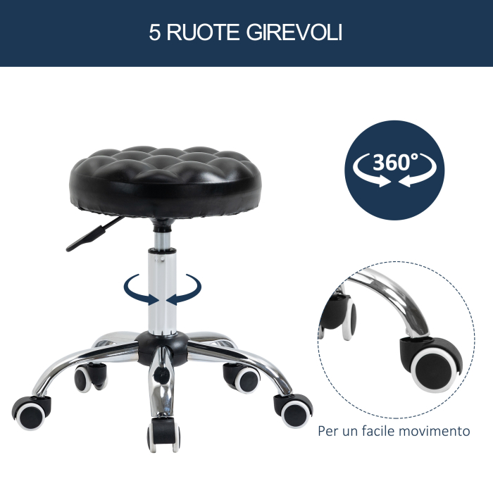 Taburet  Reglabil pe Inaltime cu 5 Roti Pivotante, din Otel, Spuma de Cauciuc si Imitatie de Piele, Ф48x47-59lcm, Negru [5]