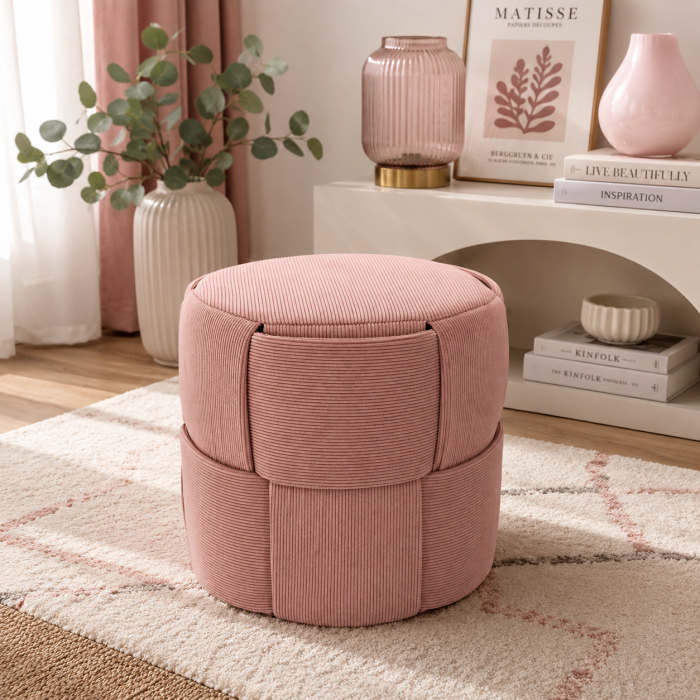 Taburet rotund pentru living si dormitor, design impletit, 38x38 cm, roz [3]