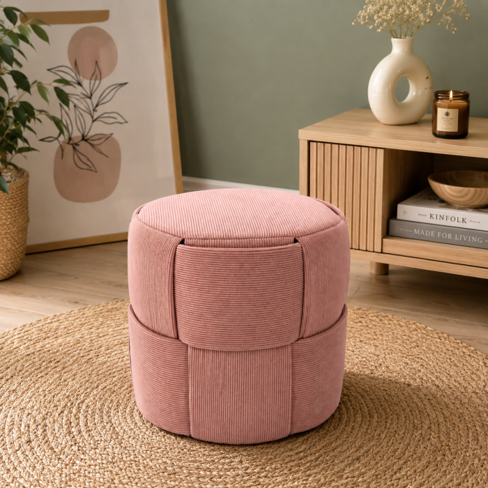 Taburet rotund pentru living si dormitor, design impletit, 38x38 cm, roz [2]