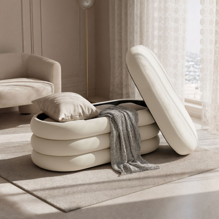 Taburet tapitat Puffo cu spatiu de depozitare, velur, 100x42x42 cm, crem [2]