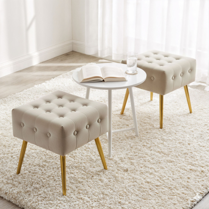 Taburet tapitat Quadra, velur, cu picioare metalice, 40x40x42 cm, bej [8]