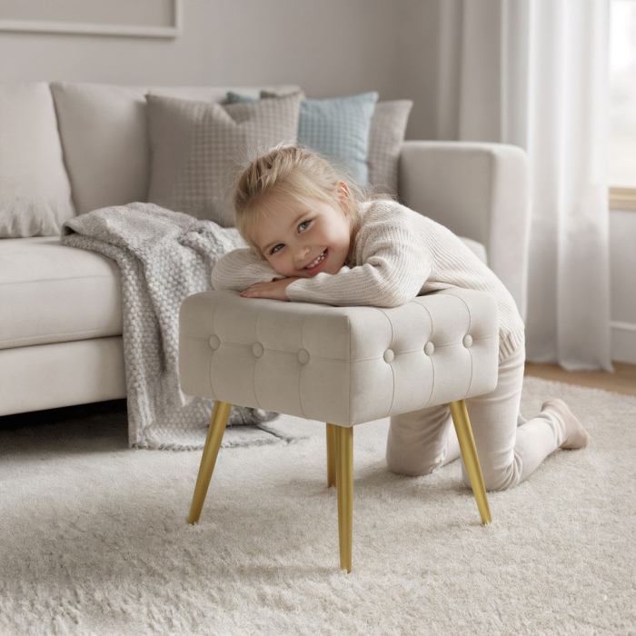 Taburet tapitat Quadra, velur, cu picioare metalice, 40x40x42 cm, bej [7]