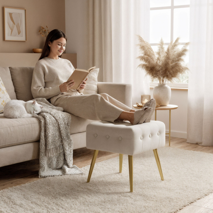 Taburet tapitat Quadra, velur, cu picioare metalice, 40x40x42 cm, bej [6]