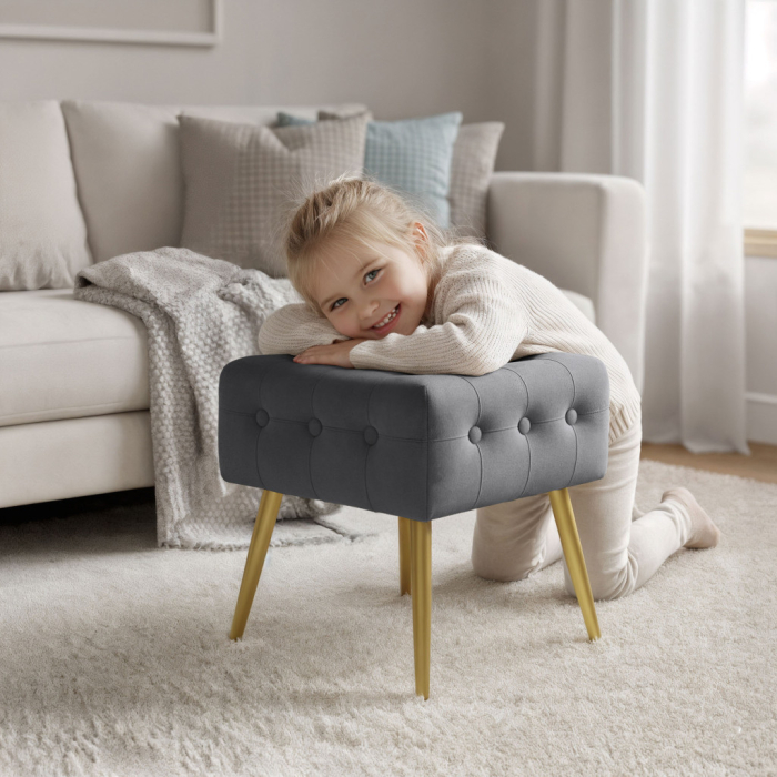 Taburet tapitat Quadra, velur, cu picioare metalice, 40x40x42 cm, gri [7]