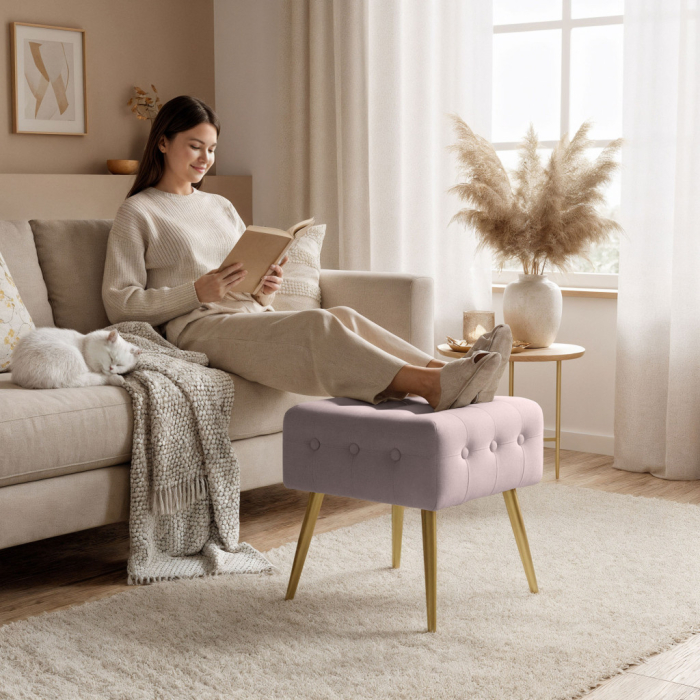 Taburet tapitat Quadra, velur, cu picioare metalice, 40x40x42 cm, roz pudra [6]