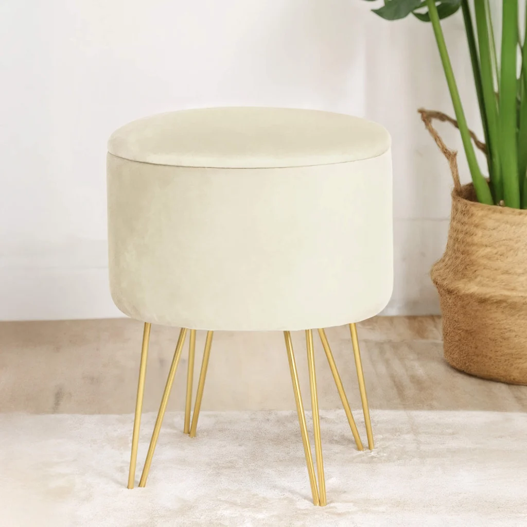 Taburet tapitat rotund Lili cu spatiu de depozitare, velur, 35x35x45 cm, crem [6]