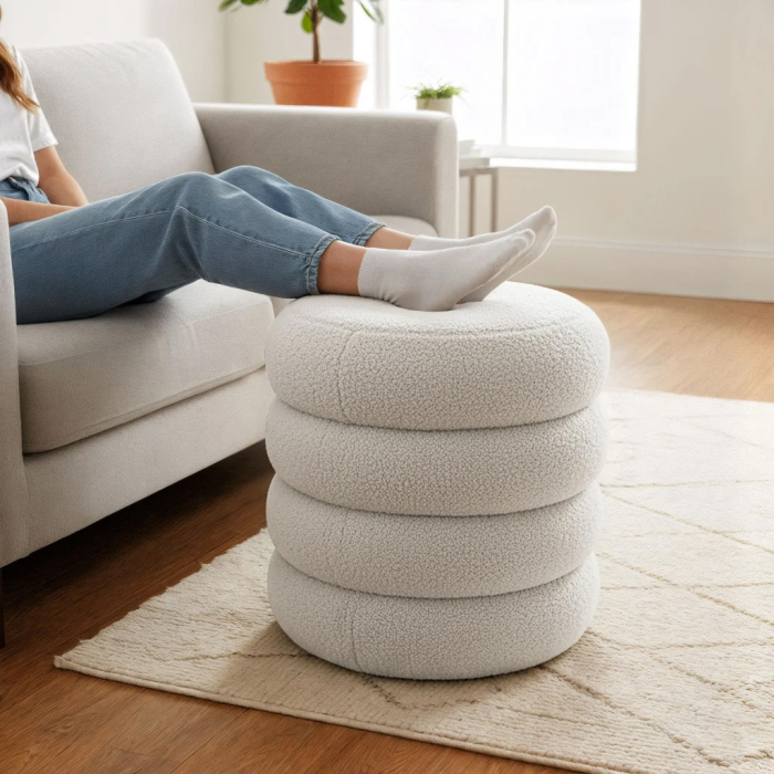 Taburet tapitat Snuggo cu spatiu de depozitare, velur, diametru 42 cm, inaltime 45 cm, alb [4]