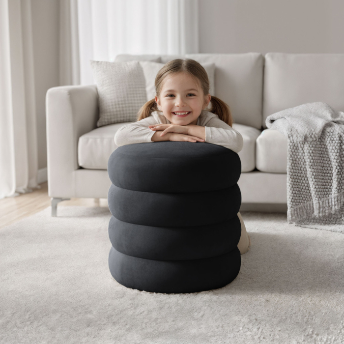 Taburet tapitat Snuggo cu spatiu de depozitare, velur, diametru 42 cm, inaltime 45 cm, negru [6]