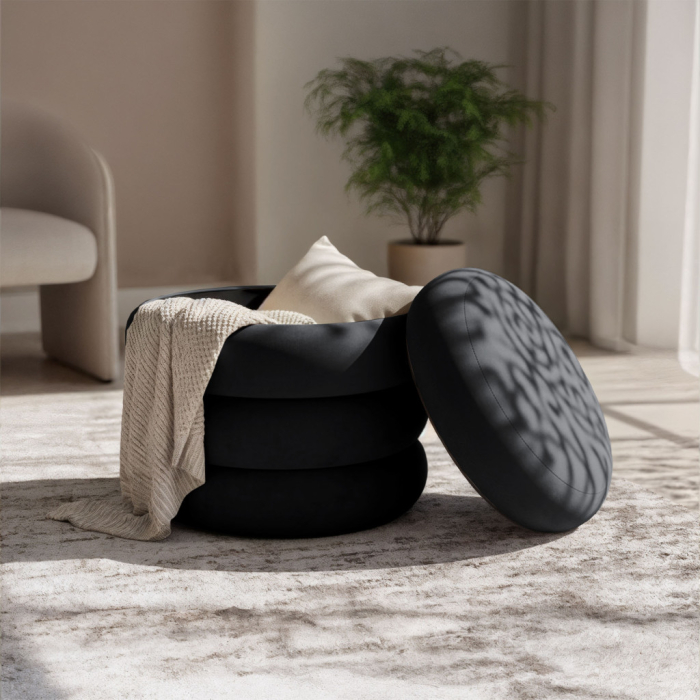 Taburet tapitat Snuggo cu spatiu de depozitare, velur, diametru 42 cm, inaltime 45 cm, negru [3]