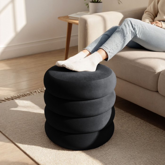 Taburet tapitat Snuggo cu spatiu de depozitare, velur, diametru 42 cm, inaltime 45 cm, negru [4]