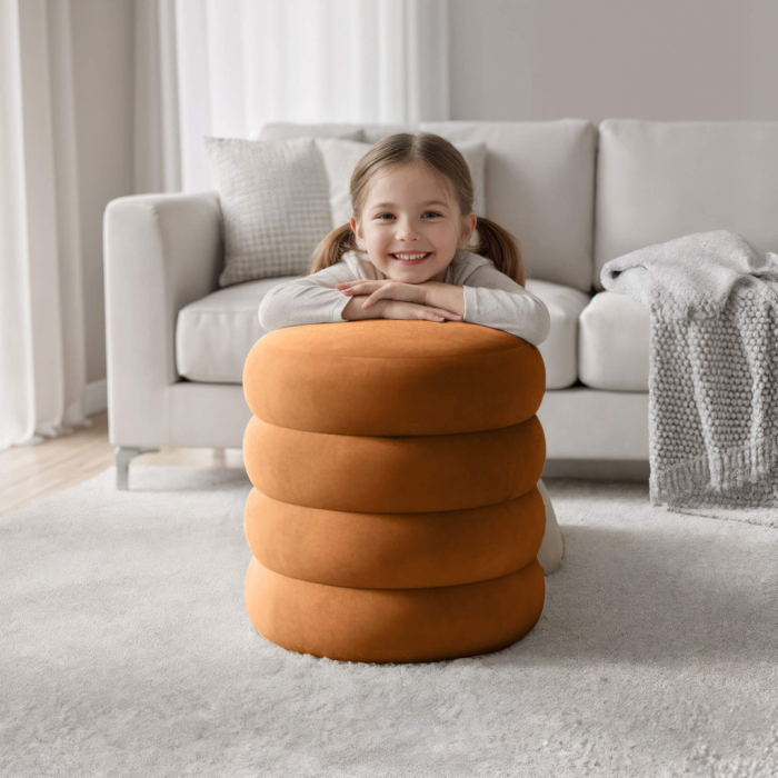 Taburet tapitat Snuggo cu spatiu de depozitare, velur, diametru 42 cm, inaltime 45 cm, portocaliu [4]