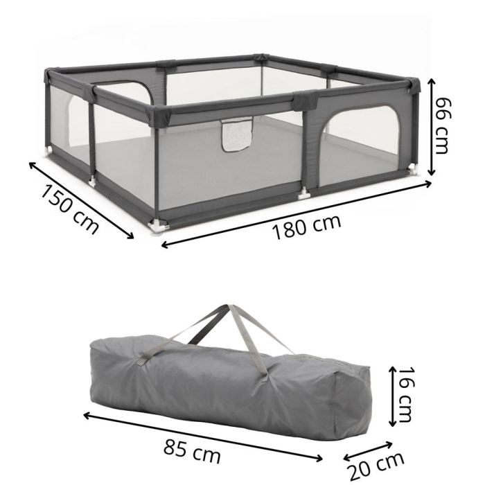 Tarc joaca pliabil copii intrare fermoar plasa protectie, 180x150x66 cm, sigur, gri [4]