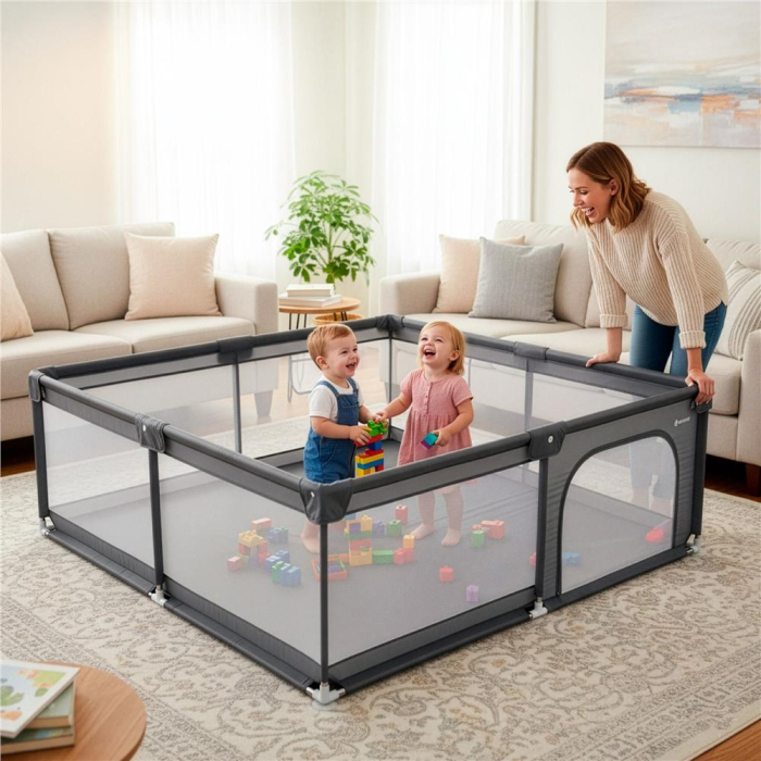Tarc joaca pliabil copii intrare fermoar plasa protectie, 200x180x66 cm, sigur, gri [12]