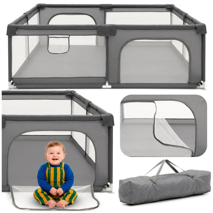 Tarc joaca pliabil copii intrare fermoar plasa protectie, 200x180x66 cm, sigur, gri [3]