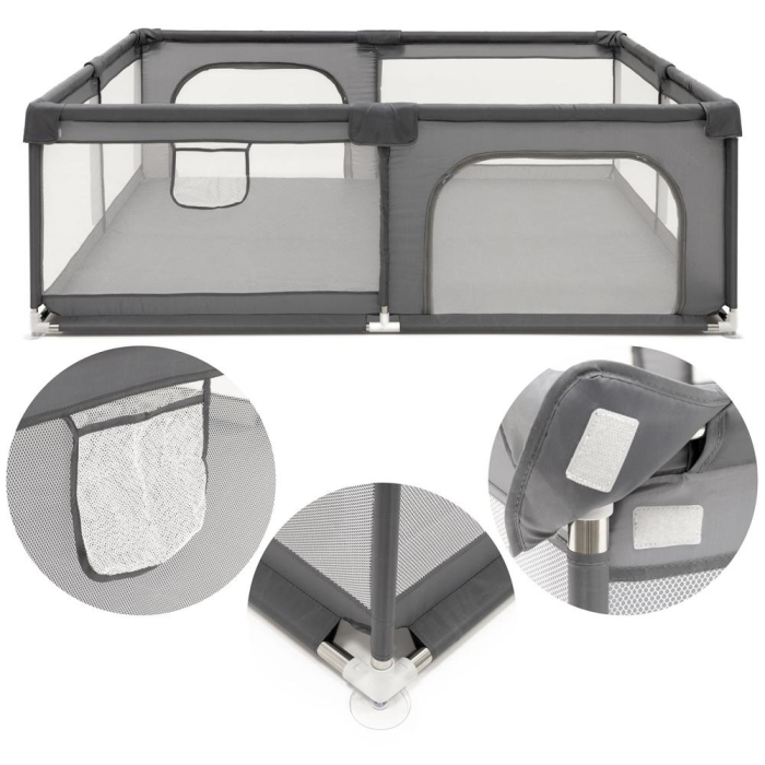 Tarc joaca pliabil copii intrare fermoar plasa protectie, 200x180x66 cm, sigur, gri [7]