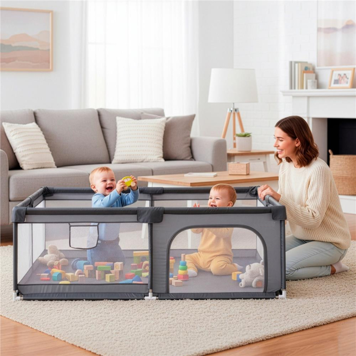 Tarc joaca pliabil copii intrare fermoar plasa protectie, 200x180x66 cm, sigur, gri [5]